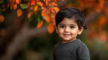 Adorable Toddler Boy Smiling in Autumn Park Setting Dark Hair Cute Portrait photo