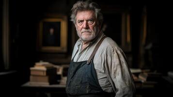 Mature Craftsman in Vintage Workshop Wearing Apron Serious Portrait photo
