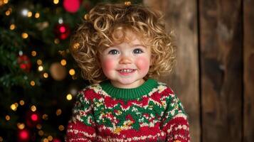 Adorable Toddler with Curly Hair in Festive Christmas Sweater near Decorated Tree photo