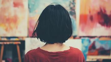 Woman with Bob Haircut Admiring Abstract Paintings in Art Gallery photo