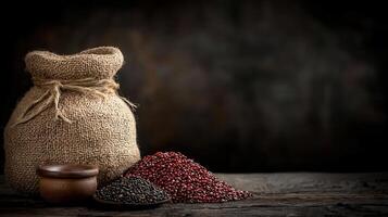 Rustic Still Life Burlap Sack with Red and Black Grains on Wooden Table photo