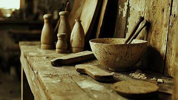 Rustic Wooden Bowl Spoons and Jars on Weathered Workbench photo
