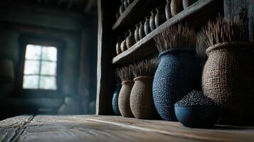 Rustic Wooden Shelf with Woven Baskets Jars and Seeds in a Dark Room photo