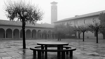Foggy Monastery Courtyard with Stone Table and Trees Peaceful Autumn Scene photo