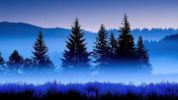 Serene Lavender Field at Dawn Misty Mountains and Silhouetted Pine Trees photo