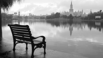 Serene Lakeside Bench Black and White Park Scene with Castle Reflection photo