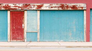 Rustic Red Door and Weathered Teal Shopfront Exterior Abandoned Building Facade photo