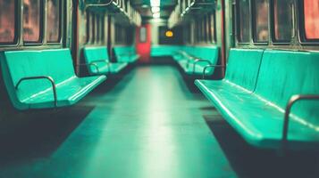 Empty Teal Seats on a Subway Car Public Transportation Interior Urban Transit photo