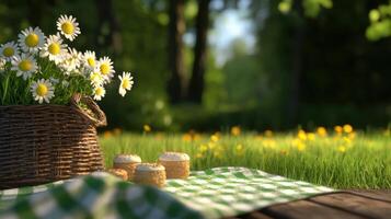 Sunny Spring Picnic Scene Daisies Treats and Green Grass photo