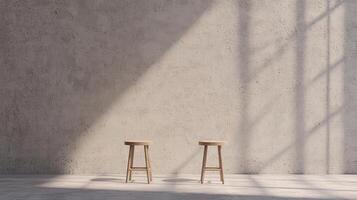 Minimalist Interior Design Two Wooden Stools Against a Textured Concrete Wall with Sunlight photo