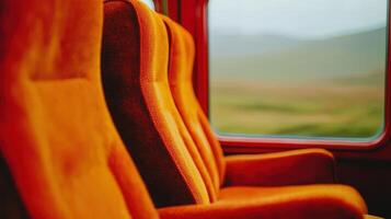 Vibrant Orange Train Seats Scenic View from Window Travel Transportation photo