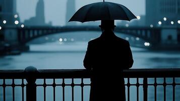 Silhouetted Man in Top Hat Raincoat Umbrella at Night Cityscape photo