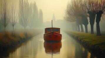 Serene Misty Canal Scene Wooden Boat Navigating through Trees photo