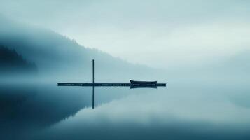 Serene Misty Lake Boat on Dock Foggy Mountain Landscape Tranquil Scene photo