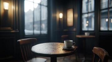 Cozy Coffee Shop Scene Single Cup of Coffee on Rustic Wooden Table near Window photo