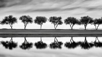 Serene Black and White Landscape Seven Trees Mirrored in Still Water photo