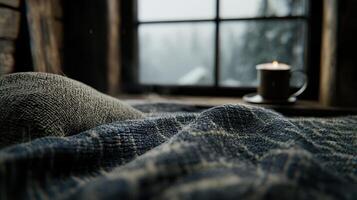 Cozy Winter Cabin Scene Textured Blanket Candlelit Mug Window View photo