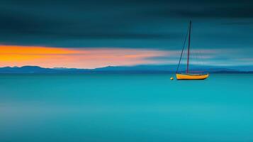Serene Sunset Seascape Yellow Sailboat at Calm Ocean Bay with Distant Mountains photo