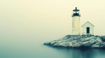 Serene Lighthouse on Rocky Coast in Misty Fog Seascape Photography photo