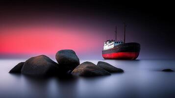 Serene Sunset Seascape Abandoned Ship at Shore with Rocks photo