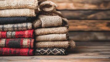 Stack of Rustic Burlap and Plaid Fabrics on Wooden Surface Autumnal Textures photo