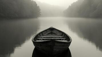Serene Wooden Rowboat on Misty Lake Calm Water Foggy Forest Background photo