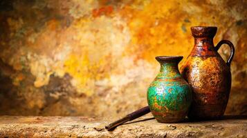 Antique Pottery Vases Rustic Still Life Colorful Earthenware Aged Texture Artistic Background photo
