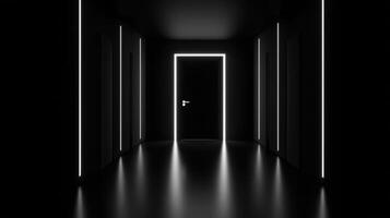 Dark Corridor with Glowing LED Lights Black Door Futuristic Interior Design photo