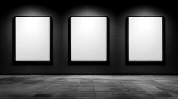 Modern Gallery Interior with Three Blank Canvas Frames Dark Walls and Tiled Floor photo