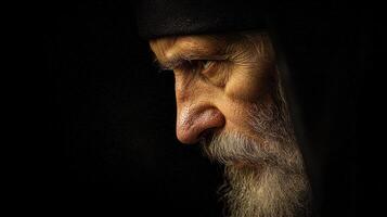 Pensive Elderly Man with Grey Beard Close up Portrait Dark Background photo