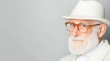 Portrait of a Senior Man with White Hat and Beard Wearing Glasses Studio Shot photo