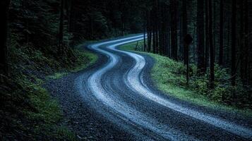 Winding Gravel Road Through Lush Green Forest Serpentine Path Nature Scenery photo