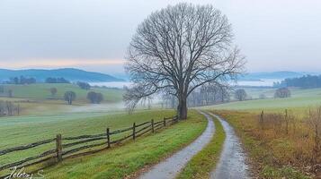Serene Foggy Countryside Landscape Rolling Hills Old Fence and a Majestic Bare Tree photo