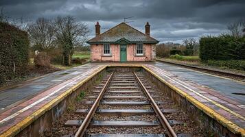 Deserted Railway Station Platform Pink Building Overcast Sky Rural Setting UK photo