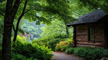 Serene Log Cabin nestled in Lush Green Garden Peaceful Woodland Path photo