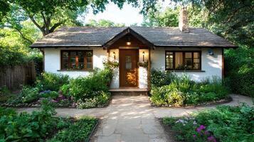 Charming White Cottage House Exterior with Lush Garden and Stone Pathway photo