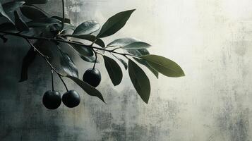 Dark Fruit Branch with Lush Green Leaves Against Textured Wall Background photo