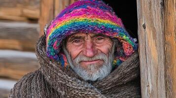Elderly Man in Vibrant Knitted Hood Winter Portrait Rustic Wooden Background photo
