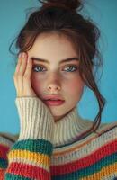 A woman with freckles and a colorful sweater photo