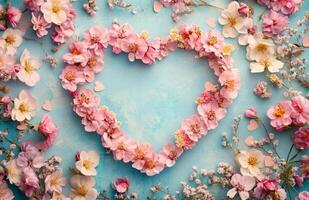 Heart shaped flowers on a blue background photo