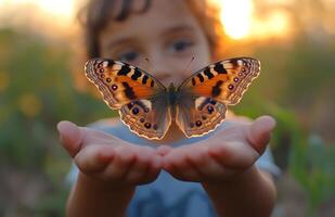 Butterfly Takes Flight from Child Hands at Sunset photo