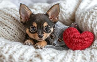 A small dog and cat laying on a blanket with a heart photo