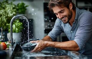 Young smiling man washing a pan in cozy kitchen at home photo