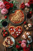 Valentine's day food and drinks on wooden table photo