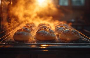 Buns on a grill with smoke coming out of them photo