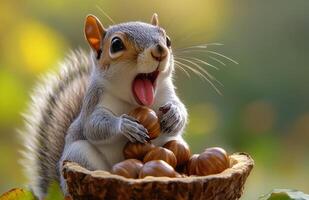 A squirrel is eating nuts in a basket photo