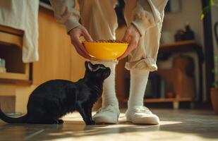 A person feeding a cat with a bowl of food photo
