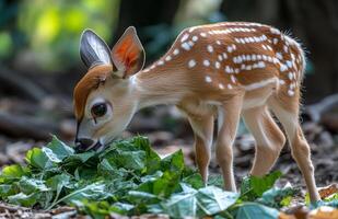 A fawn eating leaves in the woods photo