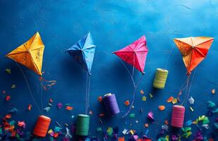 Colorful kites flying in the air on a blue background photo