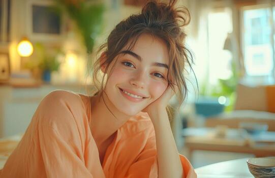 A woman smiling while sitting at a table photo